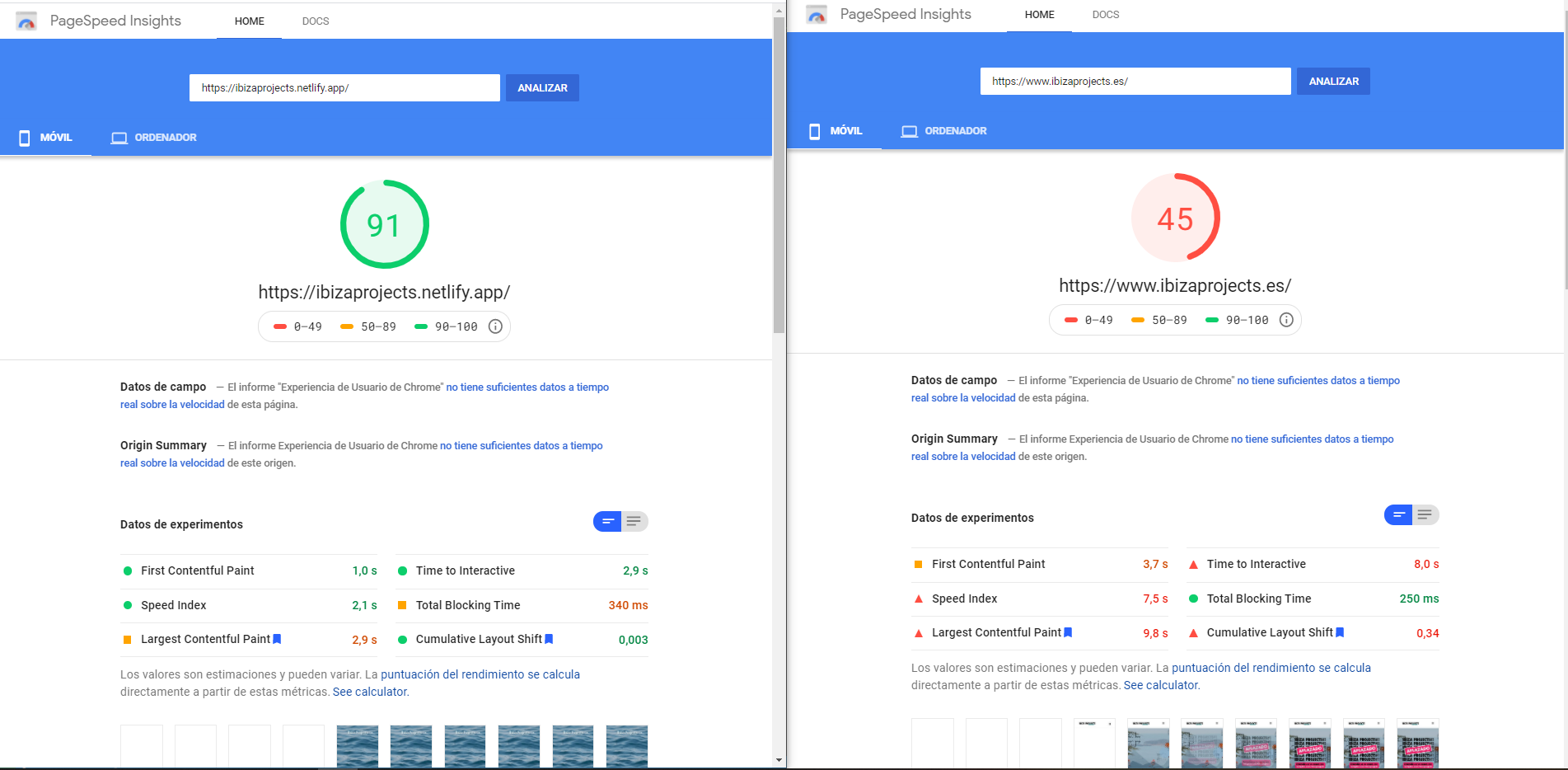 Google Lighthouse scores. The new static website (with 5 times more pages and content, as well as using videos and more images) on the left, and the old Wordpress website on the right.